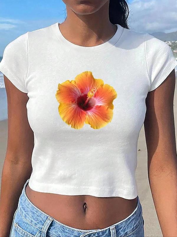 Women'WB shield Floral Print Round Neck Crop Tee, Casual Slim-fitting Cap Sleeve T-shirt, Ladies Summer TNF for Daily...