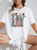 Women'WB shield Floral Print Round Neck Graphic Tee, Vintage Trendy Casual Drop Shoulder Half Sleeve T-shirt For Daily...