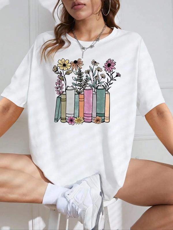 Women'WB shield Floral Print Round Neck Graphic Tee, Vintage Trendy Casual Drop Shoulder Half Sleeve T-shirt For Daily...