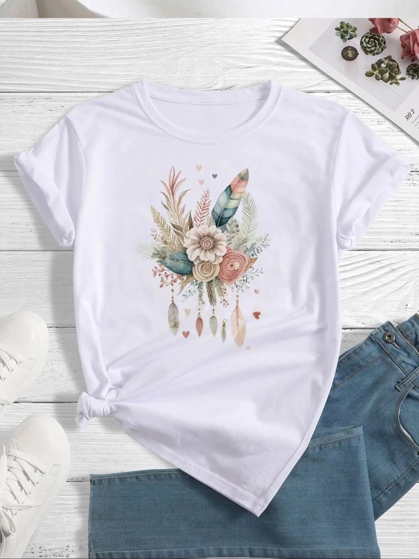 Women'WB shield Floral Print Round Neck Graphic Tee, Vintage Trendy Casual Short Sleeve T-shirt For Daily Wear, Graphic...