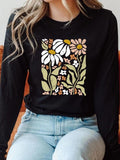 Women'WB shield Floral Print Round Neck Long Sleeve Tee, Casual Crew Neck T-shirt for Spring & Fall, Women'WB shield Top...