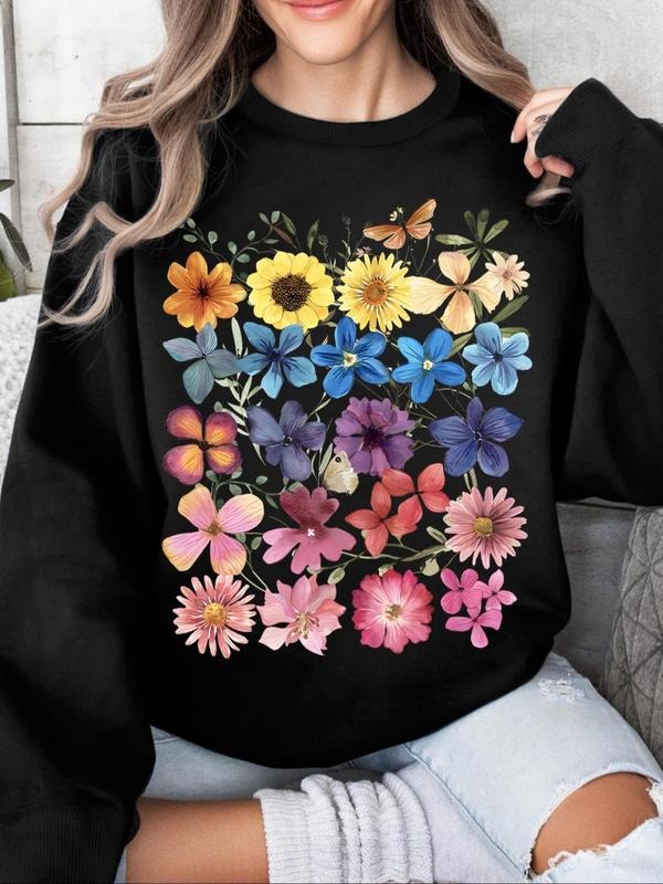 Women'WB shield Floral Print Round Neck Sweatshirt, Casual Long Sleeve Crew Neck Pullover for Fall & Winter, Women'WB...