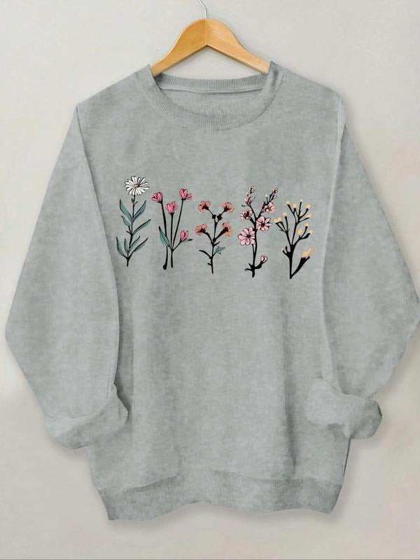Women'WB shield Floral Print Round Neck Sweatshirt, Casual Long Sleeve Crew Neck Pullover for Spring & Fall, Fashion...