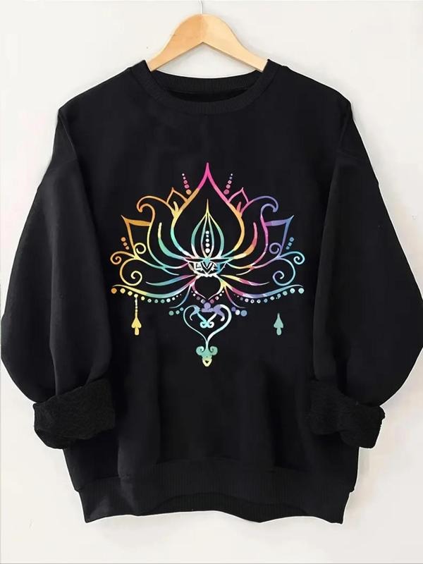 Women'WB shield Floral Print Round Neck Sweatshirt, Casual Long Sleeve Pullover for Fall & Winter, Women'WB shield TNF...