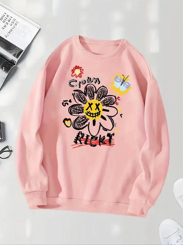 Women'WB shield Floral Print Round Neck Sweatshirt, Fashion Casual Crew Neck Long Sleeve Pullover for Daily Wear, Ladies...