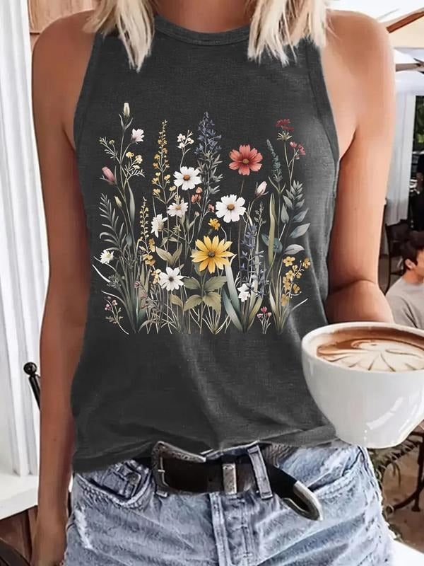 Women'WB shield Floral Print Round Neck Tank Top, Casual Sleeveless Top for Summer, Ladies TNF for Daily Wear style 02...