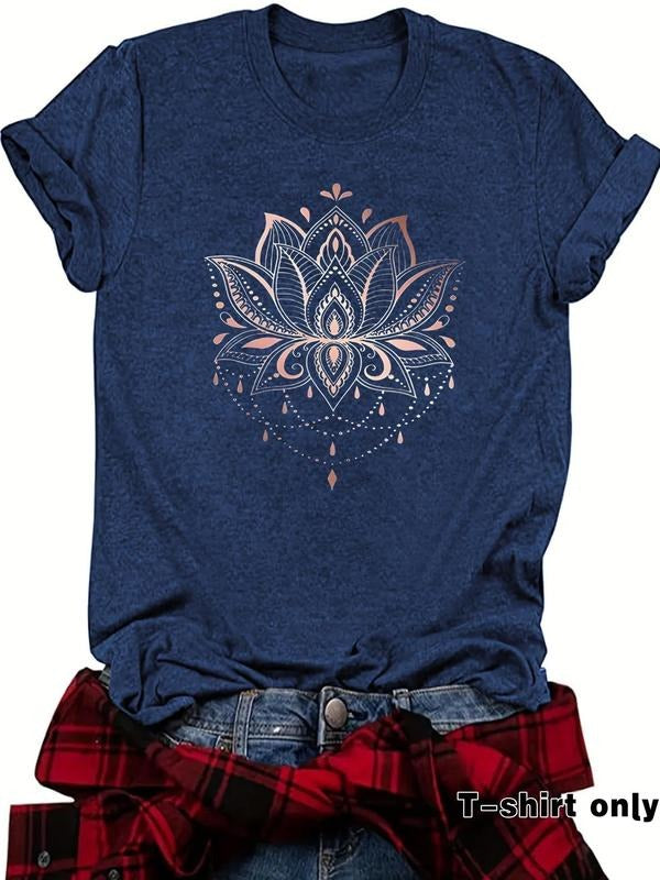 Women'WB shield Floral Print Round Neck Tee, Boho Casual Short Sleeve Crew Neck T-Shirt for Summer, Fashion Women'WB...