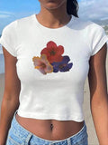 Women'WB shield Floral Print Round Neck Tee, Casual Cap Sleeve Crew Neck T-Shirt for Summer, Fashion Women'WB shield Top...