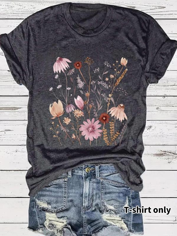 Women'WB shield Floral Print Round Neck Tee, Casual Short Sleeve Crew Neck T-Shirt for Summer, Fashion Women'WB shield...