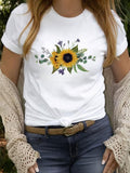 Women'WB shield Floral Print Round Neck Tee, Casual Short Sleeve Crew Neck T-shirt, Women'WB shield Top for Summer Daily...
