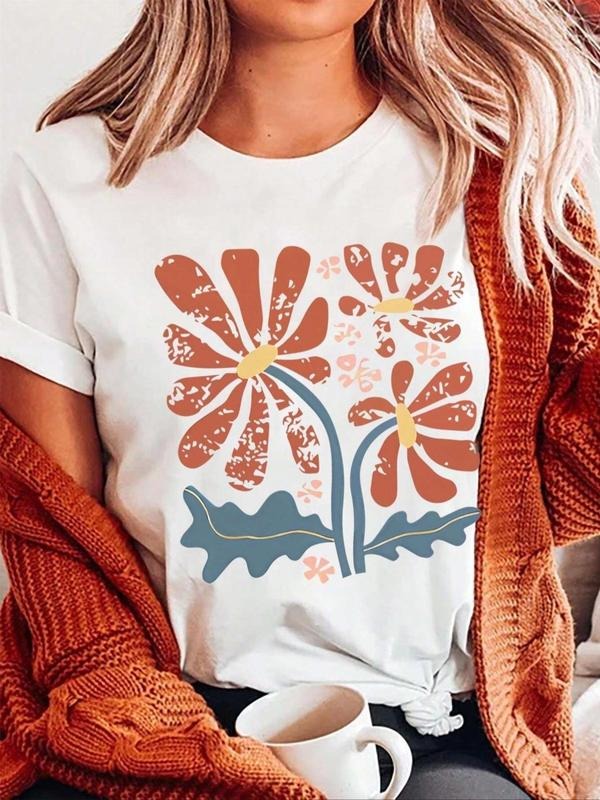 Women'WB shield Floral Print Round Neck Tee, Casual Short Sleeve T-shirt for Summer, Ladies TNF for Daily Wear Hoodie,...