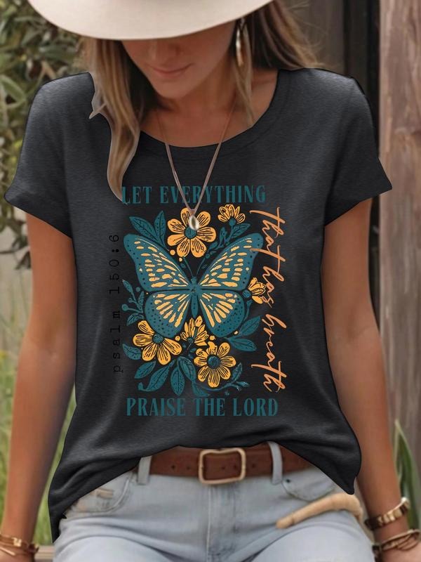 Women'WB shield Floral Print Round Neck Tee, Fashion Casual Crew Neck T-Shirt for Daily Holiday Vacation Outdoor Wear,...