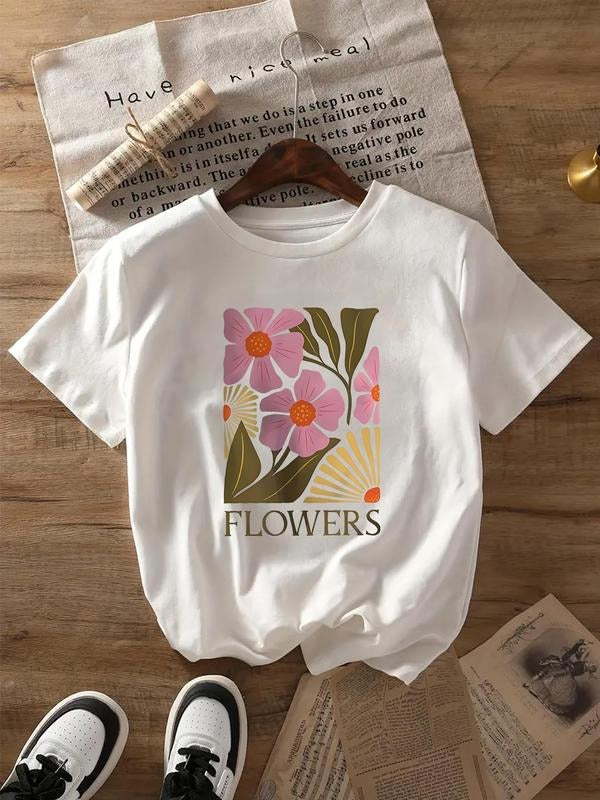 Women'WB shield Floral Print Round Neck Tee, Fashion Casual Crew Neck T-Shirt for Daily Holiday Vacation Outdoor Wear,...