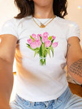 Women'WB shield Floral Print Round Neck Tee, Fashion Casual Crew Neck T-shirt for Daily Holiday Vacation Outdoor Wear,...