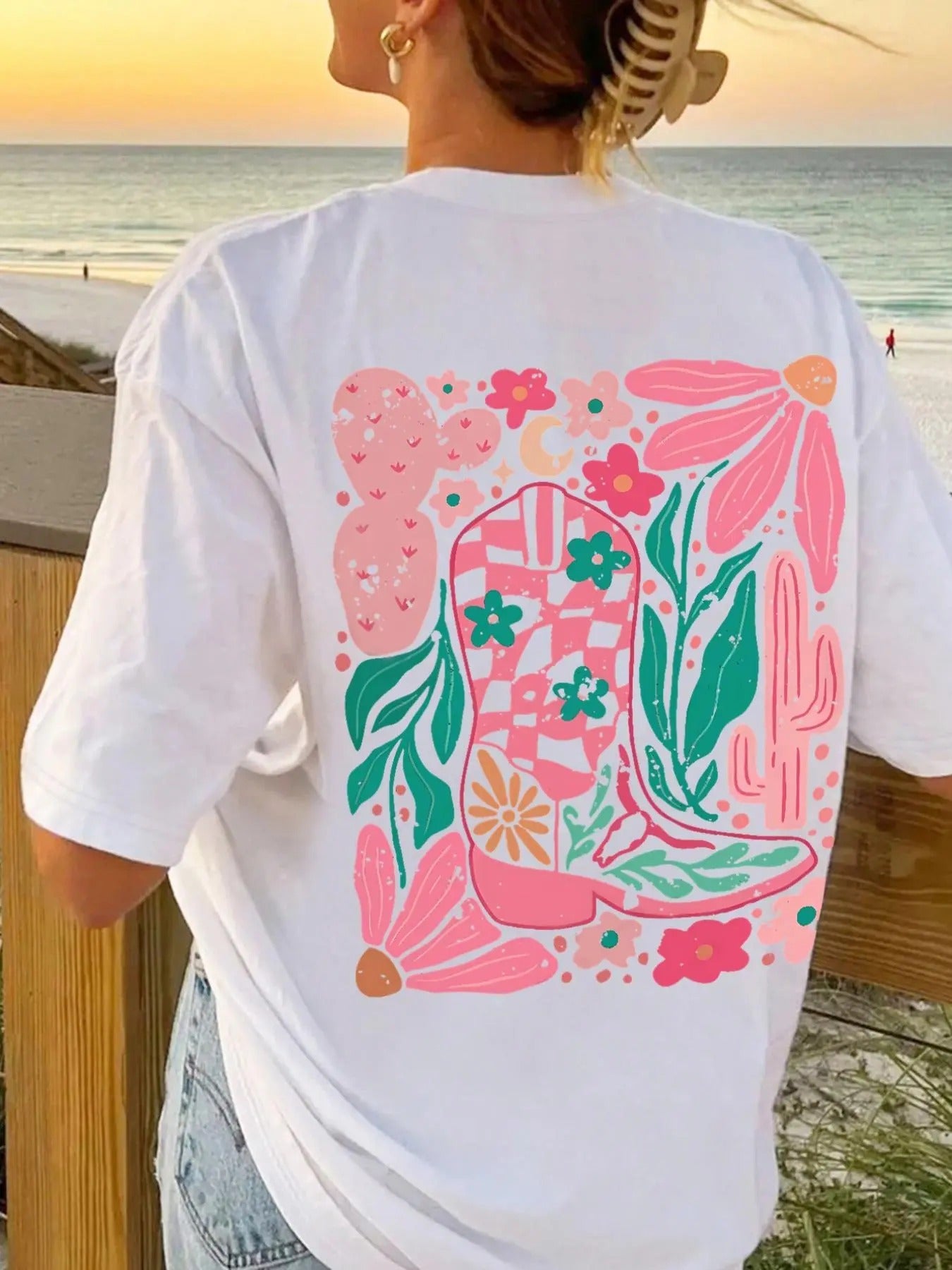 Women'WB shield Floral Print Round Neck Tee, Fashion Casual Half Sleeve T-shirt, Ladies Summer TNF for Daily Wear Hoodie,...