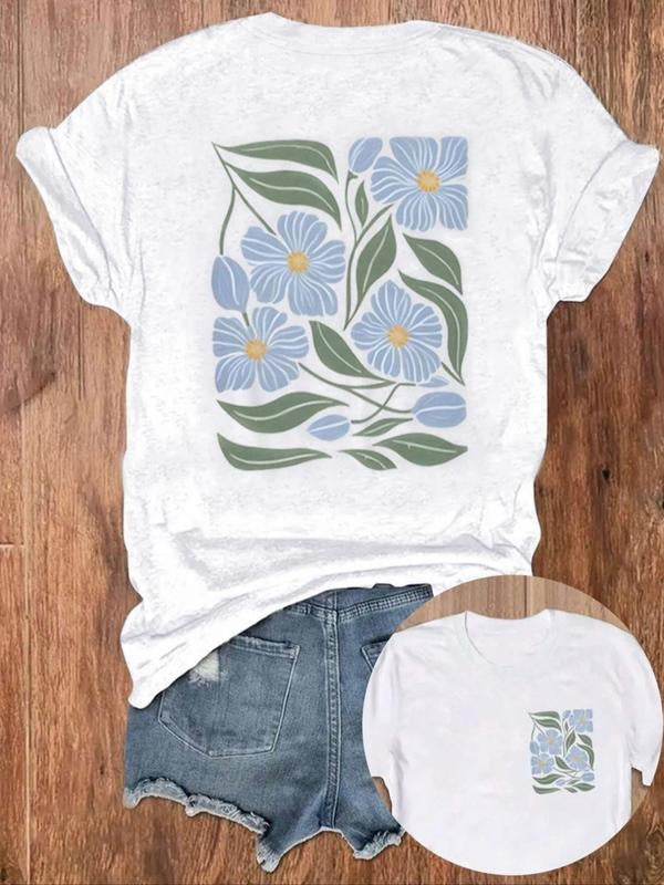 Women'WB shield Floral Print Round Neck Tee, Fashion Casual Short Sleeve T-shirt for Summer, Women'WB shield Top for...