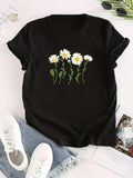 Women'WB shield Floral Print Round Neck Tee, Trendy Casual Crew Neck Short Sleeve T-shirt For Daily Wear, Ladies Summer...