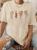 Women'WB shield Floral Print Round Neck Tee, Trendy Casual Drop Shoulder Short Sleeve T-shirt for Daily Wear, Summer...
