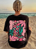 Women'WB shield Floral Print Round Neck Tee, Vintage Trendy Casual Crew Neck T-shirt for Daily Wear, Ladies Summer...