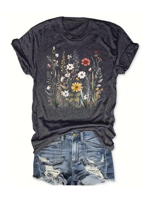 Women'WB shield Floral Print Round Neck Tee, Vintage Trendy Casual Fitted Short Sleeve T-Shirt for Daily Wear, Ladies...