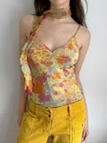 Women'WB shield Floral Print Ruched Cami Top with Scarf, Boho Sleeveless Spaghetti Strap Top for Summer, Women'WB shield...