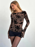 Women'WB shield Floral Print Sheer Flounce Sleeve Tee, Elegant Long Sleeve T-shirt for Daily Wear, Ladies TNF for Spiky...