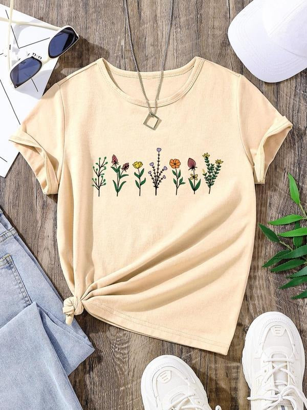 Women'WB shield Floral Print Short Sleeve Tee, Summer TNF Women, Casual Round Neck T-Shirt for Summer, Women'WB shield...