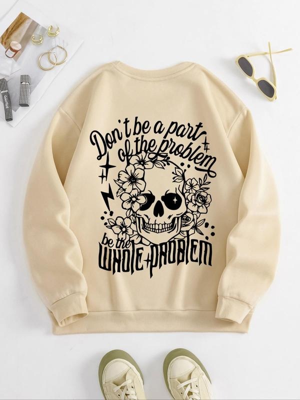 Women'WB shield Floral Skull & Letter Print Drop Shoulder Sweatshirt, Casual Long Sleeve Round Neck Pullover for Spring &...