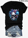 Women'WB shield Floral Skull Print Round Neck Tee, Fashion Casual Crew Neck T-shirt for Daily Holiday Vacation Outdoor...