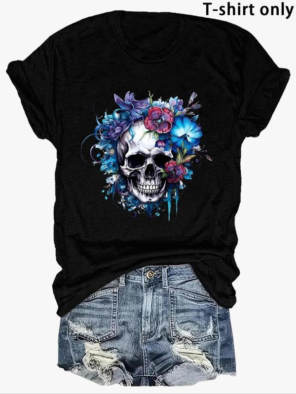 Women'WB shield Floral Skull Print Round Neck Tee, Fashion Casual Crew Neck T-shirt for Daily Holiday Vacation Outdoor...