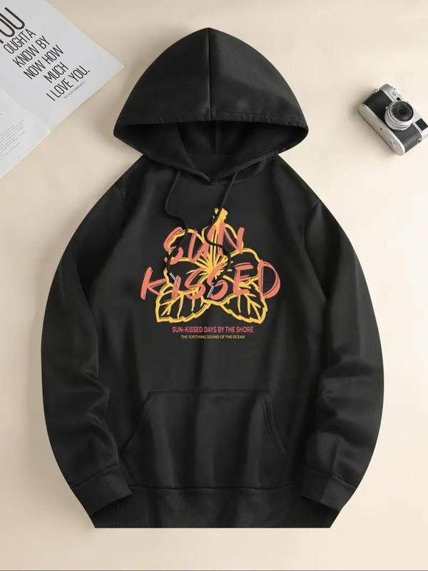 Women'WB shield Flower & Letter Print Drawstring Hoodie, Fashion Casual Hooded Sweatshirt for Daily Holiday Outdoor Wear,...
