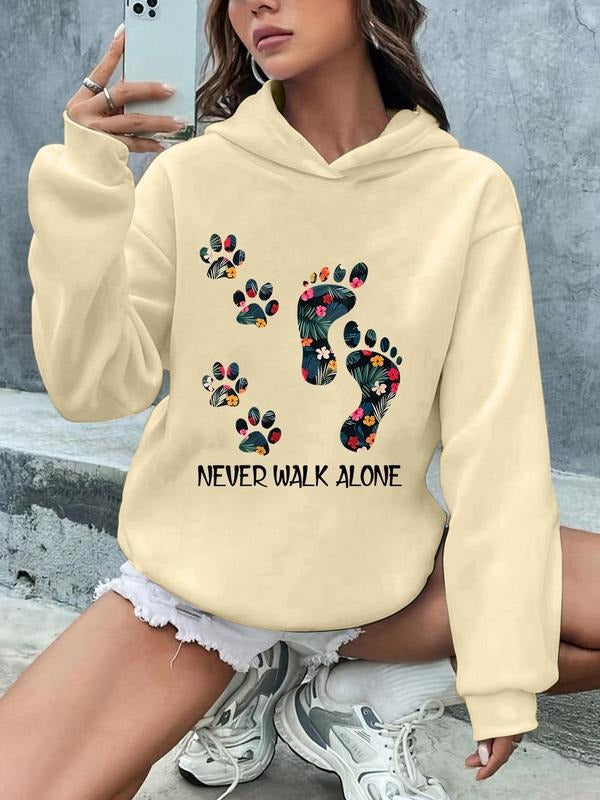 Women'WB shield Footprint & Letter Print Hoodie, Casual Drop Shoulder Long Sleeve Hooded Sweatshirt, Lady Fall & Winter...