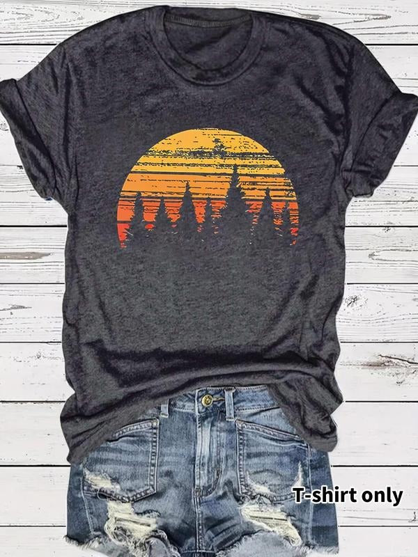Women'WB shield Forest & Sunset Print Round Neck Tee, Casual Short Sleeve Crew Neck T-shirt for Summer, Fashion Women'WB...