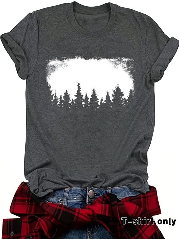 Women'WB shield Forest Print Round Neck Tee, Casual Short Sleeve Crew Neck T-Shirt for Summer, Fashion Women'WB shield...