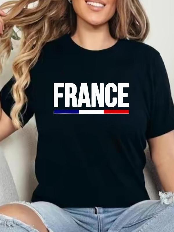 Women'WB shield France Flag Print Round Neck Graphic Tee, Vintage Trendy Casual Short Sleeve T-shirt for Daily Wear,...