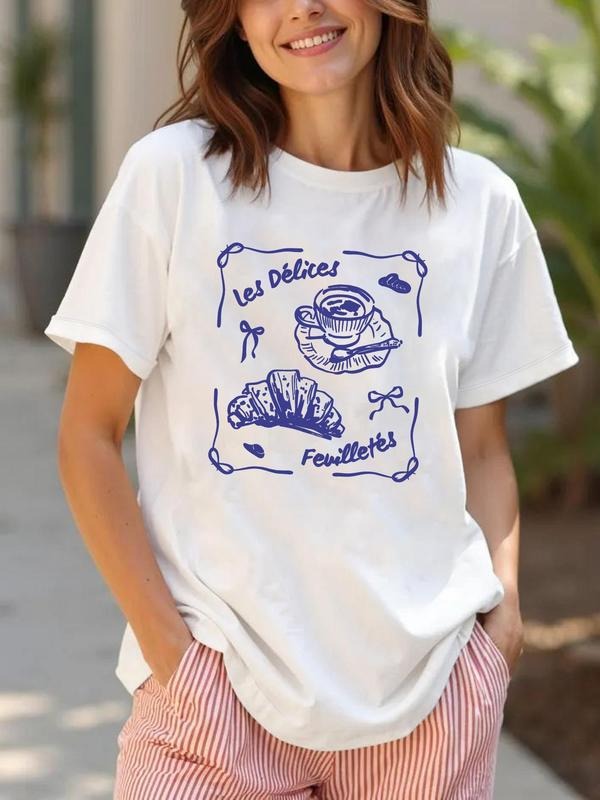 Women'WB shield French Pastry Print Round Neck Tee, Casual Letter Graphic Short Sleeve T-Shirt for Summer, Ladies TNF for...