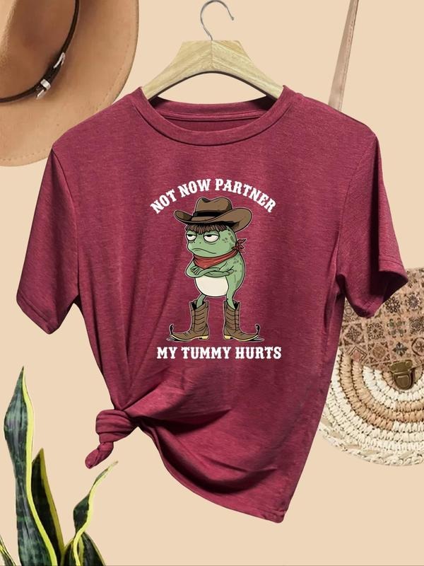 Women'WB shield Frog & Letter Print Round Neck Tee, Fashion Casual Crew Neck T-Shirt for Daily Holiday Vacation Outdoor...