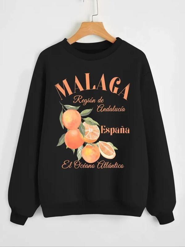 Women'WB shield Fruit & Letter Print Crew Neck Sweatshirt, Casual Long Sleeve Pullover for Fall & Winter, Women'WB shield...