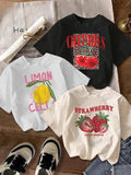 Women'WB shield Fruit & Letter Print Round Neck Tee without Shoes, Casual Short Sleeve Crew Neck T-shirt for Summer,...
