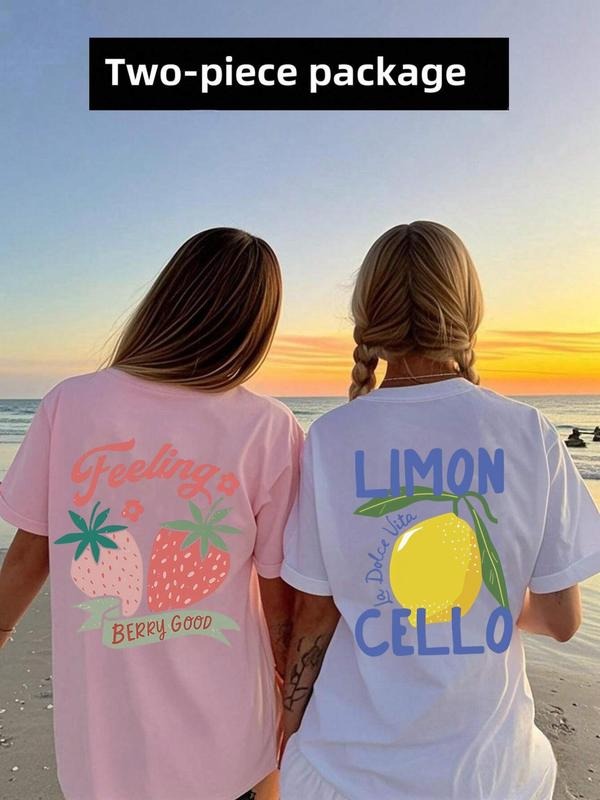 Women'WB shield Fruit & Letter Print Round Neck Tee, Casual Short Sleeve T-shirt for Summer, Ladies TNF for Daily Wear,...