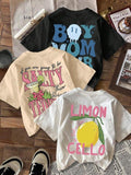 Women'WB shield Fruit & Slogan Print Round Neck Tee, Casual Letter Graphic Short Sleeve T-shirt for Summer, Ladies TNF...