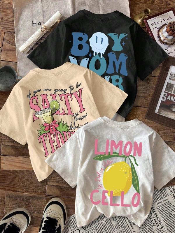 Women'WB shield Fruit & Slogan Print Round Neck Tee, Casual Letter Graphic Short Sleeve T-shirt for Summer, Ladies TNF...