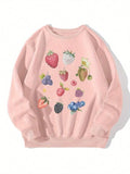Women'WB shield Fruit Print Drop Shoulder Sweatshirt, Casual Long Sleeve Round Neck Pullover for Fall & Winter, Women'WB...