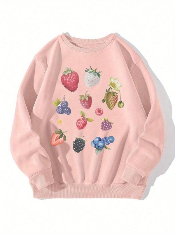 Women'WB shield Fruit Print Drop Shoulder Sweatshirt, Casual Long Sleeve Round Neck Pullover for Fall & Winter, Women'WB...