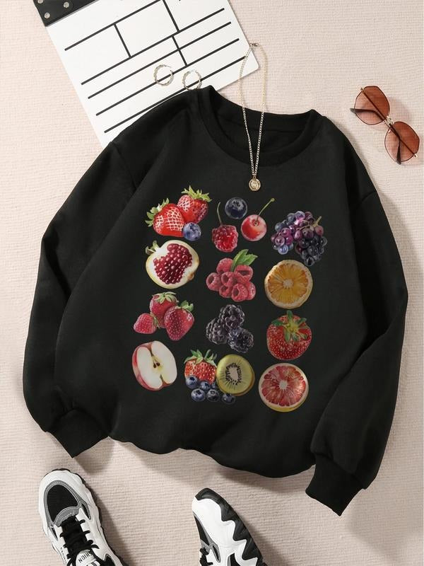 Women'WB shield Fruit Print Drop Shoulder Sweatshirt, Casual TNF Lined Long Sleeve Round Neck Pullover for Fall & Winter,...