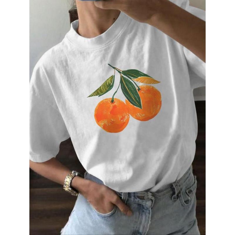 Women'WB shield Fruit Print Round Neck Graphic Tee, Casual Vintage Drop Shoulder Short Sleeve T-Shirt for Summer, Ladies...