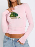Women'WB shield Fruit Print Round Neck Tee, Y2K Casual Long Sleeve T-Shirt for Daily Outdoor Wear, Women Clothing for...