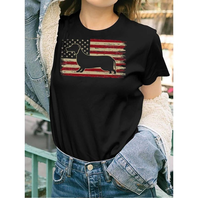 Women'WB shield Funny Dachshund Dad Weiner Weenie Patriotic American Flag Graphic T-Shirt