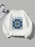 Women'WB shield Geometric Pattern & Letter Print Drop Shoulder Sweatshirt, Casual Long Sleeve Round Neck Pullover for...