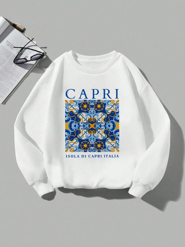 Women'WB shield Geometric Pattern & Letter Print Drop Shoulder Sweatshirt, Casual Long Sleeve Round Neck Pullover for...